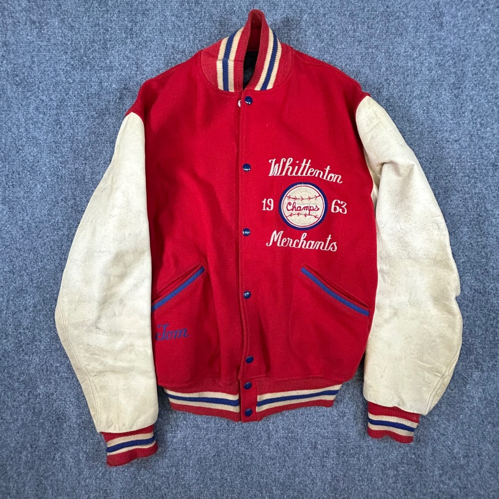 Vintage 1963 Whittenton Merchants Varsity Jacket Red Wool Leather Mens Large